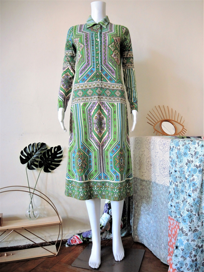 Vintage Leonard Paris Wool Blend Jersey Midi Dress With Fantasy Pattern 1960S 60S 1970S 70S Made in France