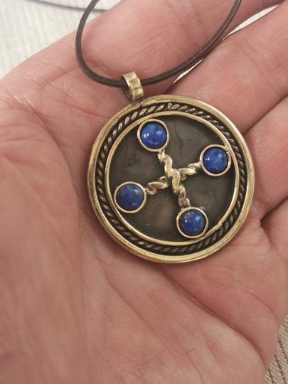 Brass Pendant, Celtic Cross With Lazurite Gems. Handmade Necklace. Celtic, Viking-style Solar Cross. A Gift For A Man, Woman