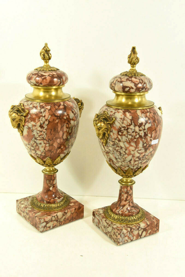 Antique Pair Marble Bronze Ram Heads Vases