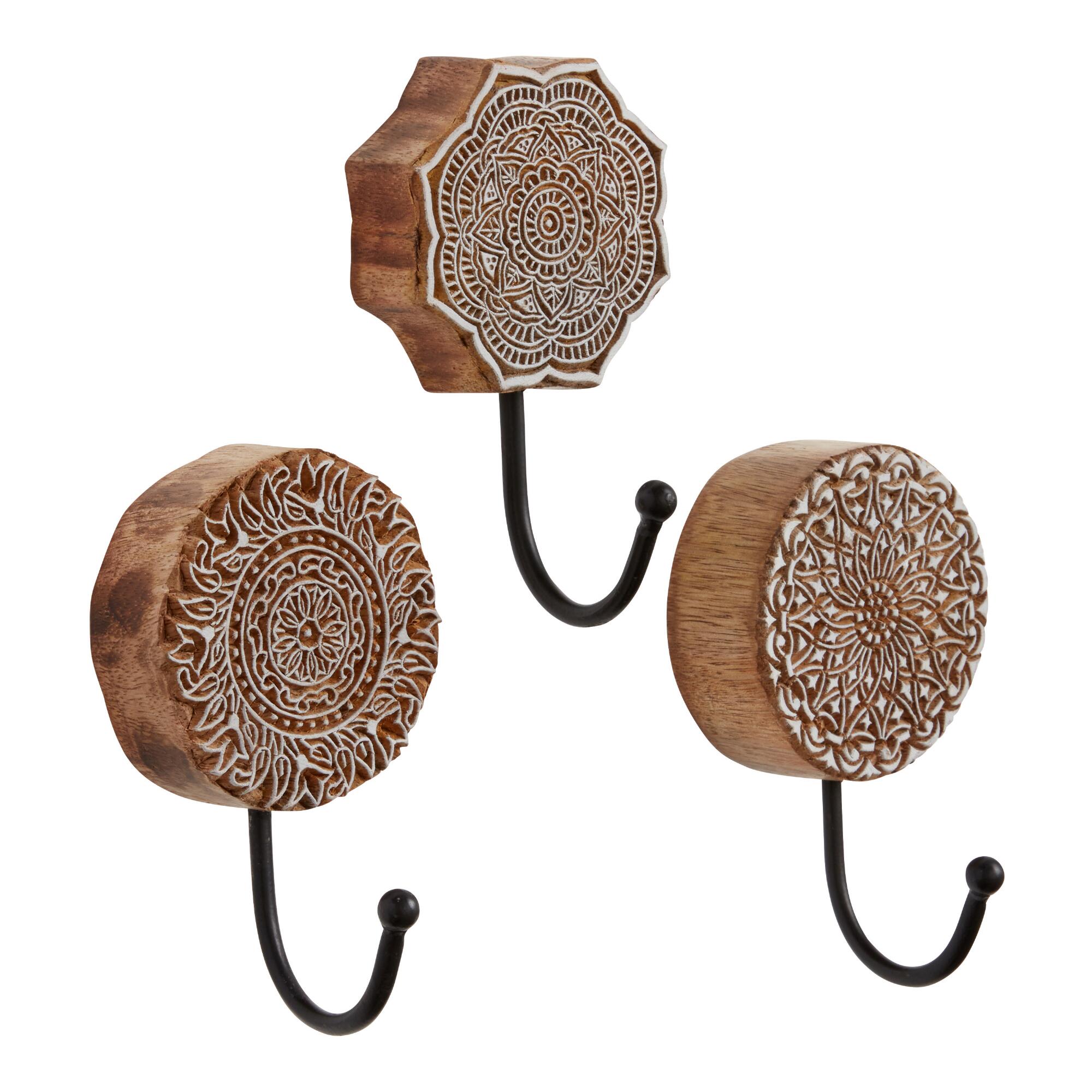 Natural Wood Block Mandala Wall Hooks 3 Pack: Brown by World Market
