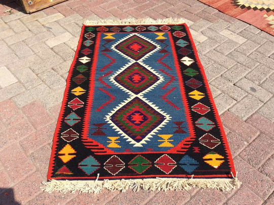 Vintage Turkish Kilim Rug, 50" X 33", Colorful Area Kelim Bohemian Small, Diamond