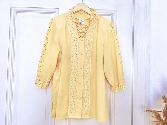 Vintage Austrian Trachten Shirt Blouse With Puff Shoulders & Lace, Lemon Pastel Yellow/M-L