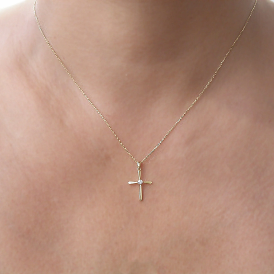 Gold Cross Necklace 14K Solid Solitaire Diamond Gemstone Pendant Religious Protector Chritsmas Gift Handmade Jewelry