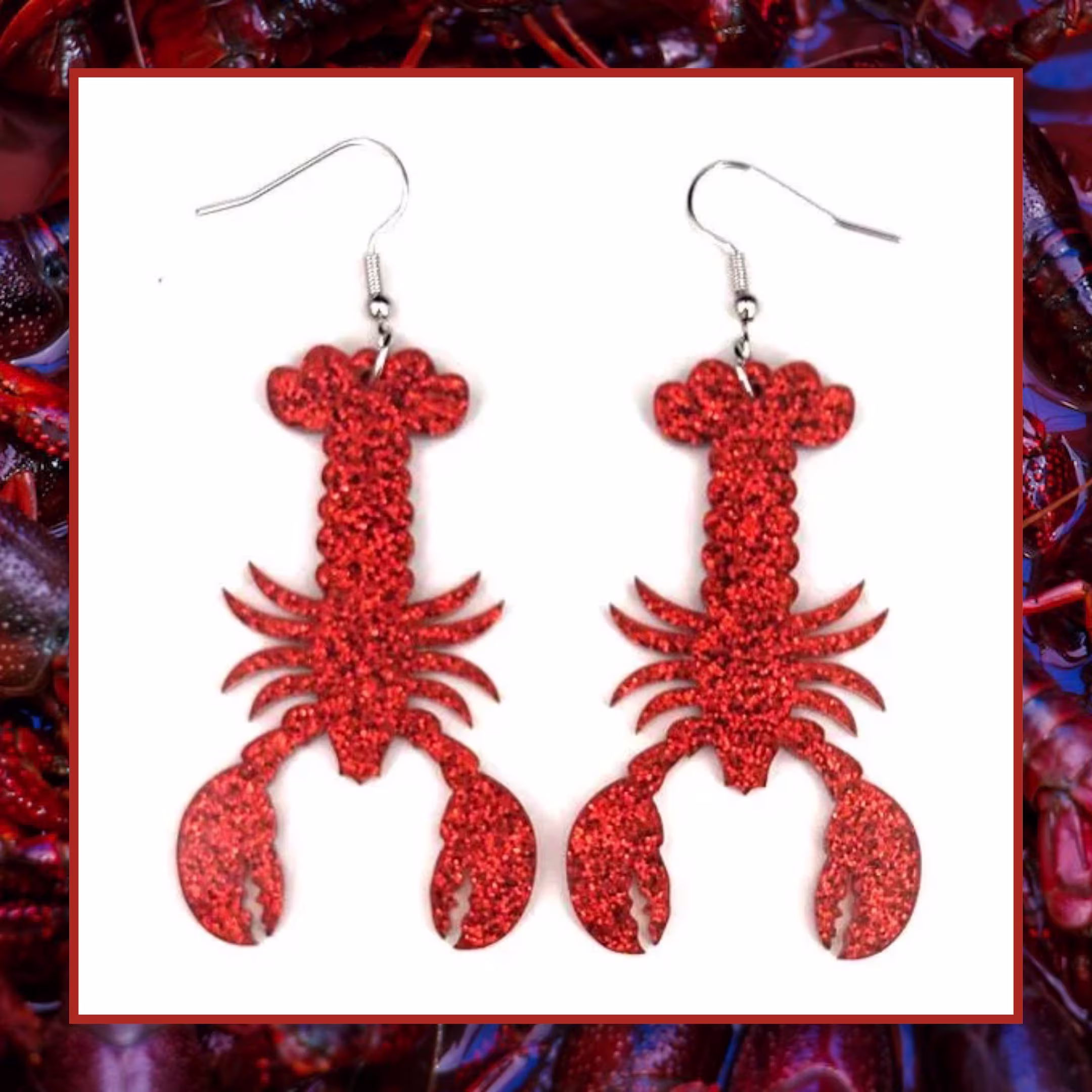 Glitter Crawfish Earrings - Crawdaddy Earrings, Handmade Jewelry, Lobster Cajun Accessories