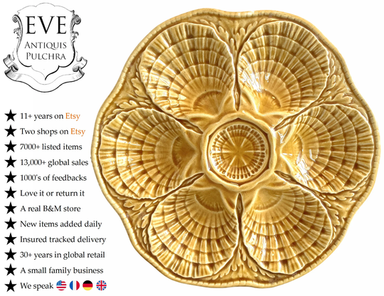 Vintage French Oyster Plates Caramel Gold Shellfish Dishes Saucers Serving Display Ceramic Set Of Six 6 C1960-70's/Eve Of Europe