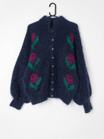 Womens 90S Vintage Mohair Blend Collared Cardigan With Flowery Rose Design Against A Navy Background - Medium