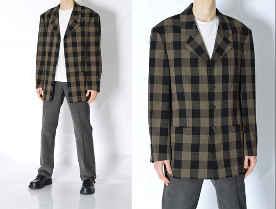 Vintage 90S Black Beige Brown Check Wool Blend Blazer Mens Formal Jacket Size Xl