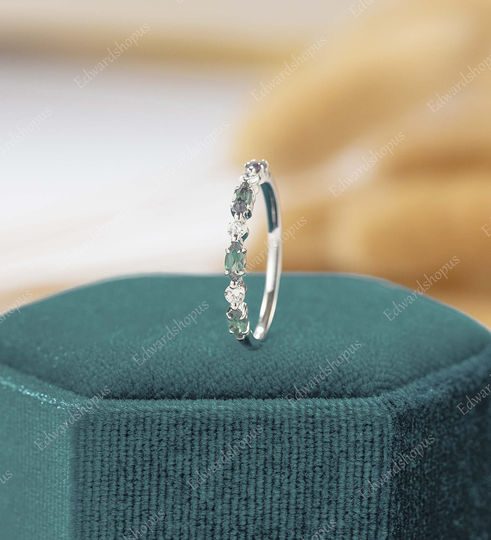 Alexandrite Wedding Band Women Vintage Moissanite Half Eternity White Gold Marquise Cut Match Stacking Diamond Gift For Her