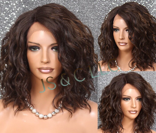 Brown Mixed Human Hair Blend Wig Lace Front L Shape Part Mono Handtied Short Curly Cancer Alopecia Theather Cosplay Drag