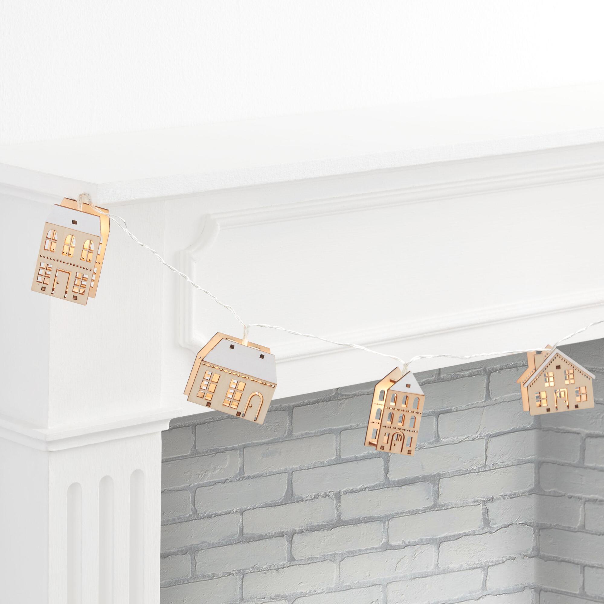 Wood Scandi Snowy House LED Battery Operated String Lights: Natural - Medium by World Market