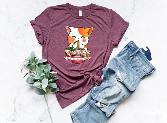 Cute Ramen Shirt, Noodle Cat Tshirt, Asian Food Lover Japanese T-Shirt, Chef Eating Person Tee