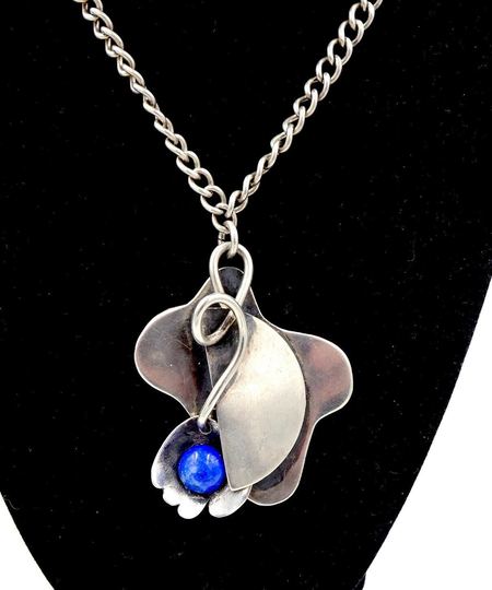 Modernist Artisan Necklace Sterling Silver Blue Lapis Lazuli Pendant Necklace C36 E282