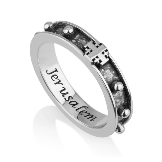 Rosary Jerusalem Cross Ring, Christian Silver Rings, Religious Engraved Jewelry
