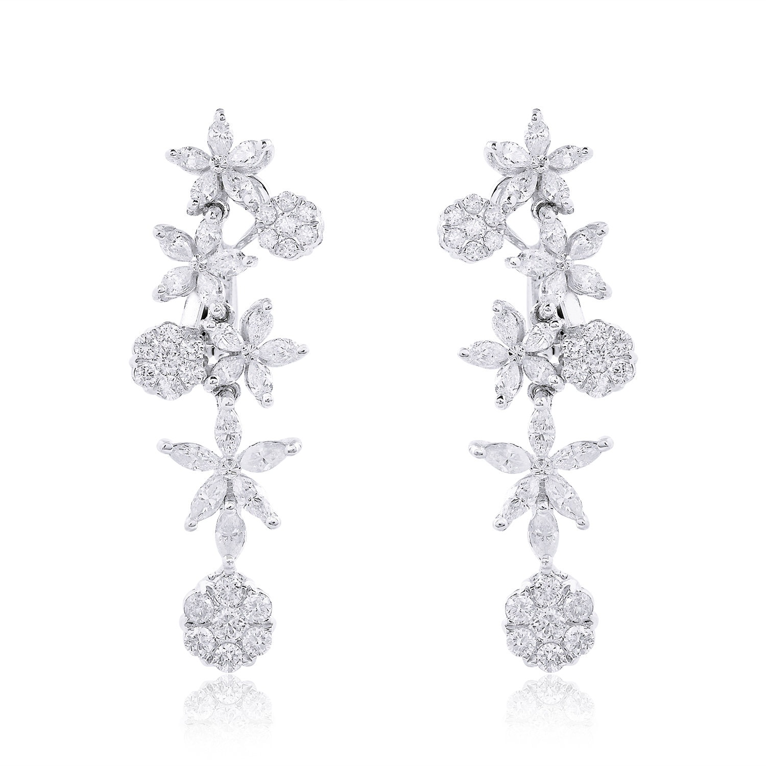 Real 2.75 Ct. Hi Color Si Clarity Diamond Designer Flower Dangle Earrings 14K White Gold Handmade Jewelry Wedding Gift