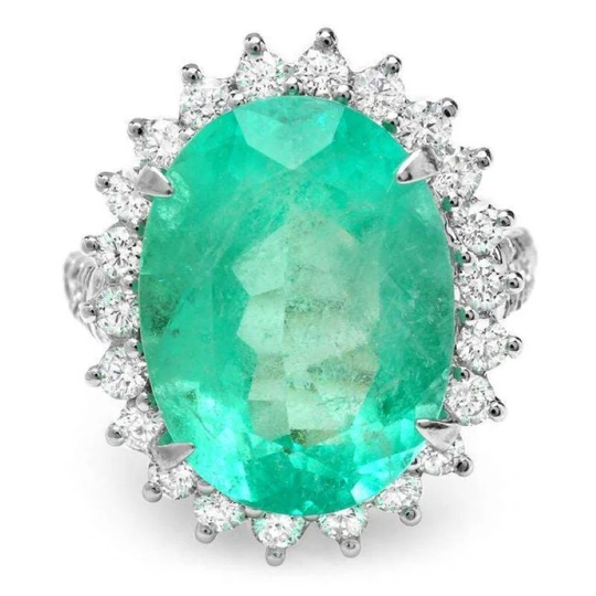 12.70 Carats Natural Emerald & Diamond 18K Solid White Gold Ring