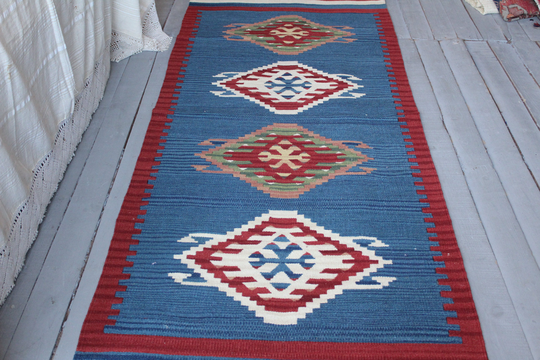 2'7"x6'7"Feet Vintage Kilim Runner Rug, Ethnic Throw, Bohemian Blue Runner, Aztec Rug