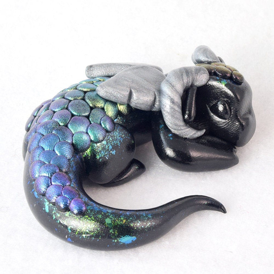 Sleeping Black Rainbow Dragon, Dragon With Scales, Polymer Clay Figurine, Cute Fantasy Sculpture, Geeky Gift