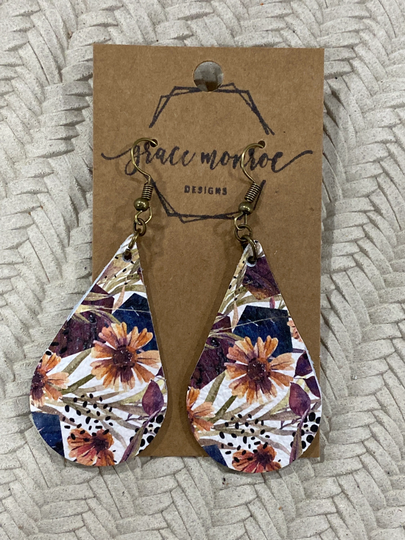 Fall Wildflower Leather Earrings, Leather Teardrop Earrings, Floral Trending Cowhide Earrings