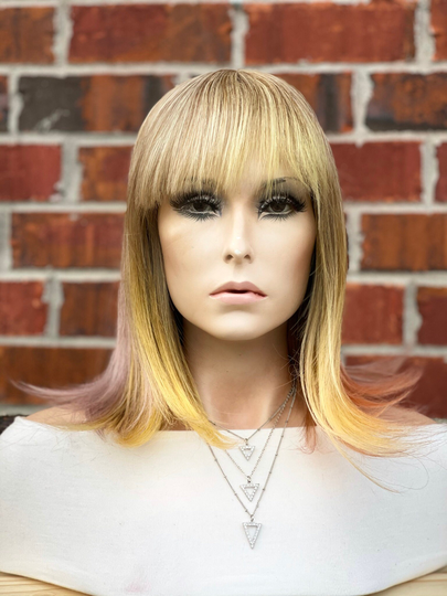 Human Hair Blend Wig 10" Blonde Ombre Pastel Rainbow Wig With Bangs | Sunny Wigs Heat Safe