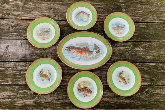 Antique Fish Plates Serving Platter Wall Hanging Stinhal China Crooksville, Oh Early 1900S 20Th Century Dining Home Decor, Blue Green Gold