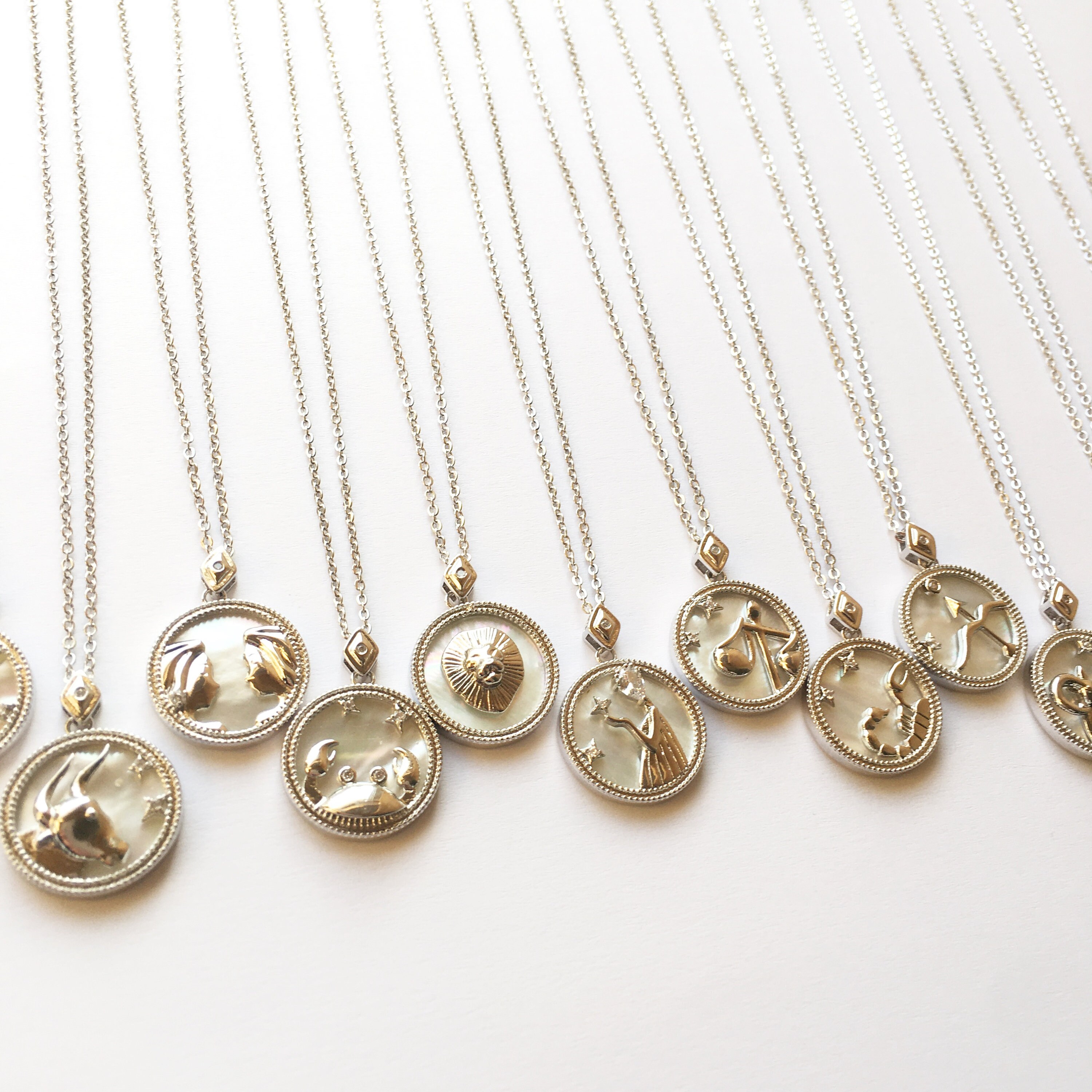 Silver Tone Zodiac Sign Mother Of Pearl Shell Coin Necklace, Star Sign, Constellation, Horoscope Stainless Steel Necklace Price