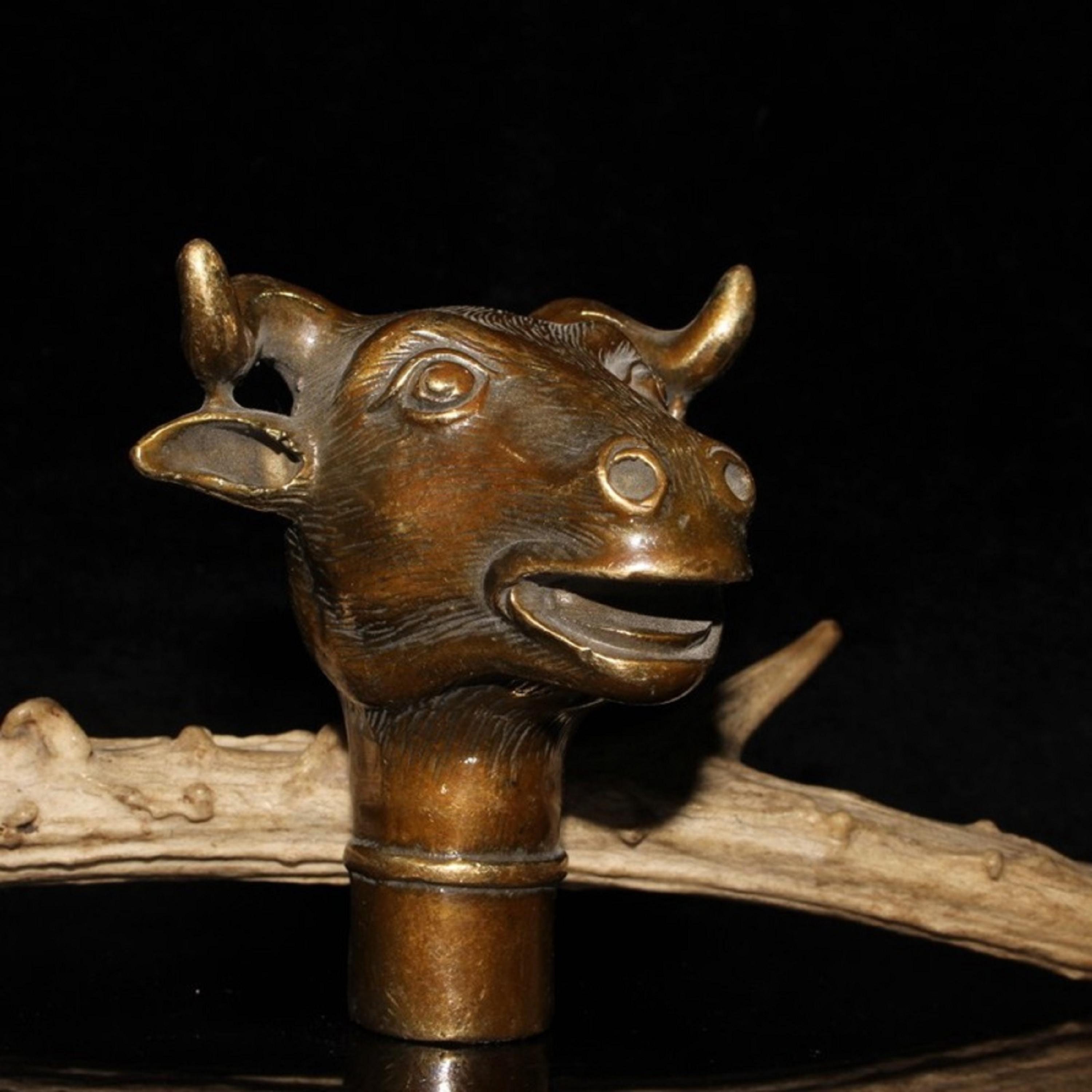 Vintage | Antique Tibet Folk Bronze Brass Asian Nepal Chinese Hand Carved Figure Crutch Cane Head Walking Stick Ram Sheep Deer