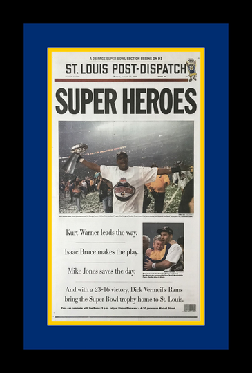 st. Louis Rams - 2000 Super Bowl Champions Post Dispatch "Super Heroes" Double Matted & Framed in Authentic Team Colors