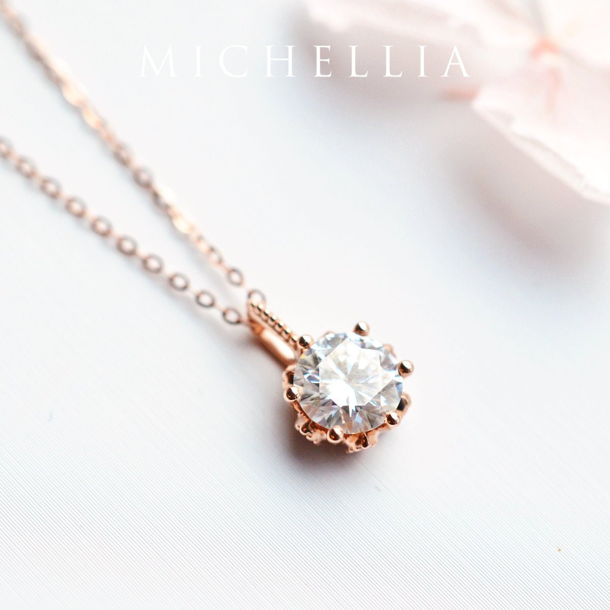 Eden Moissanite Floral Necklace, Solitaire Moissonite Garden Wedding Anniversary Gift For Her