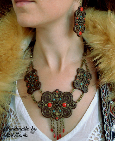 Polymer Clay Jewelry Set Ethnic Oriental Asian Brown Necklace Long Earrings Bib Statement