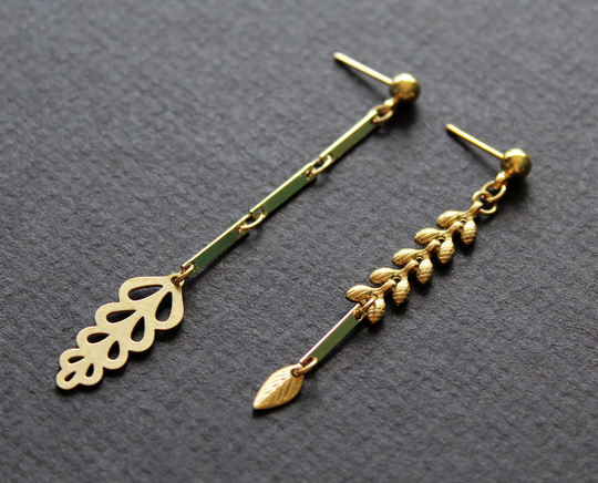 Mismatched Earrings, Brass Metal Leaf Asymmetrical Long Dangle Nature Lover Leaves Gold Studs, Modern Bar Chain -Fern