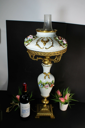 xl French Porcelain Faience Table Lamp Floral Decor Ram Heads