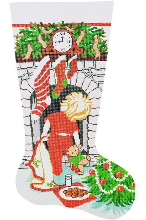 Needlepoint Handpainted Lee Christmas Stocking Where Is Santa Boy 23 -Free Us Shipping