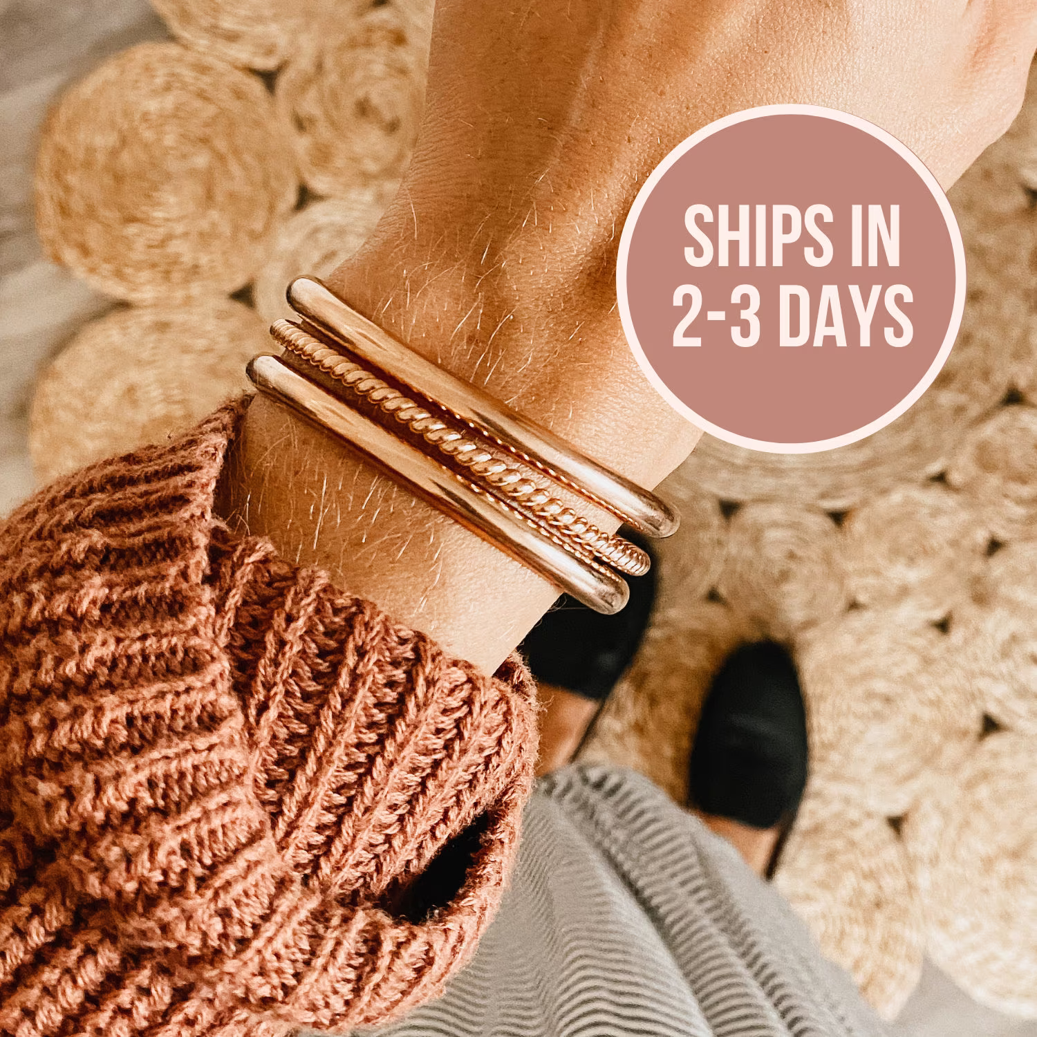 The September Rose Gold Stack, Personalized Bracelet Bangle Stack Of Three, Cuff Stack