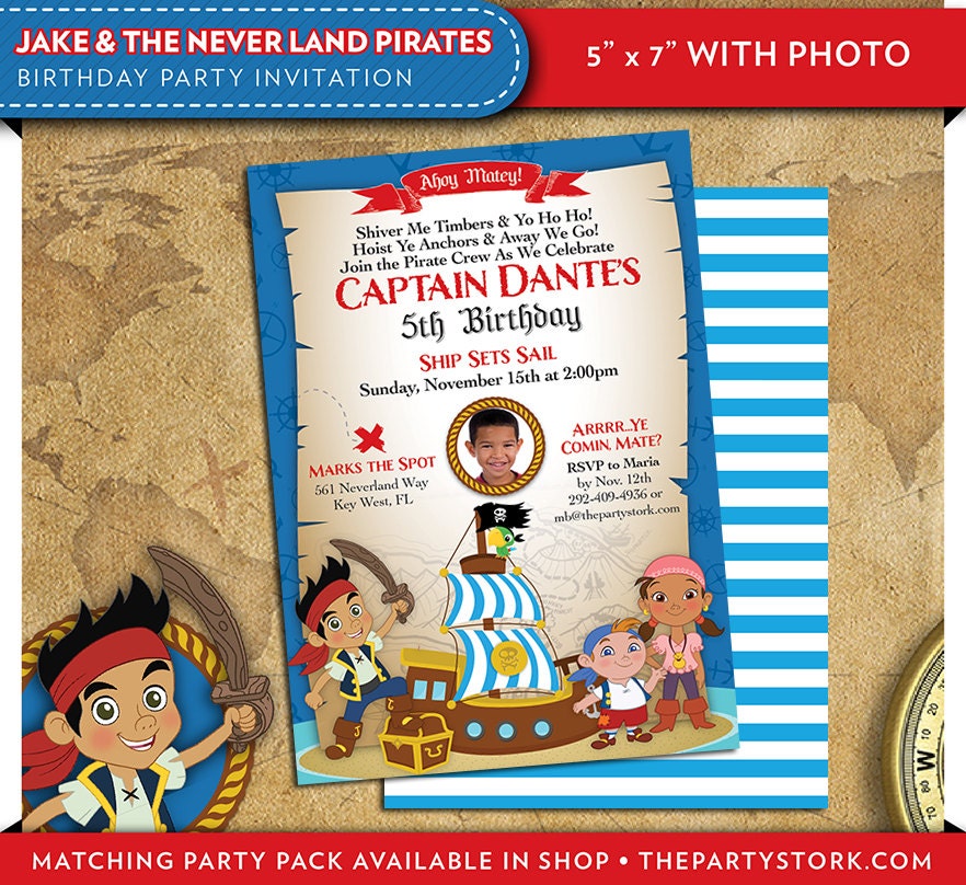 Jake & The Neverland Pirate Invitations With Photo, Printable Boys Birthday Party Invitation, Diy Invites, Decorations Available in Shop