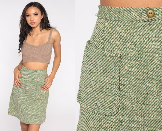 60S Mini Skirt Green Striped Wool Blend High Waisted 70S Preppy Retro Vintage Pocket Woven Extra Small Xs 0