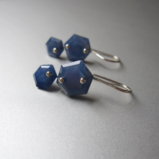 Blue Sapphire Hexagonal Slice Double Drops, Solid 14K White Gold Earrings