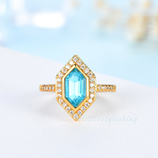 Hexagon Cut London Blue Topaz Ring Natural Engagement Jewelry Yellow Gold November Birthstone Anniversary Gift