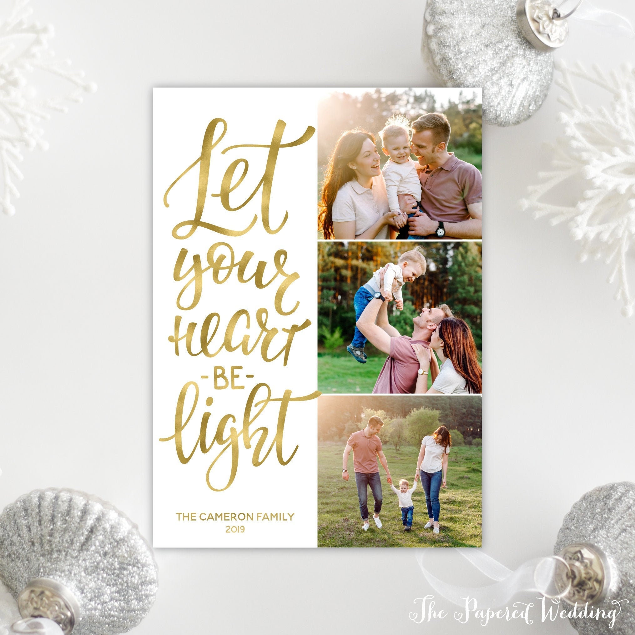 Printable Or Printed Picture Collage Holiday Cards in Faux Gold Foil - Let Your Heart Be Light With Three Pictures 098 P3