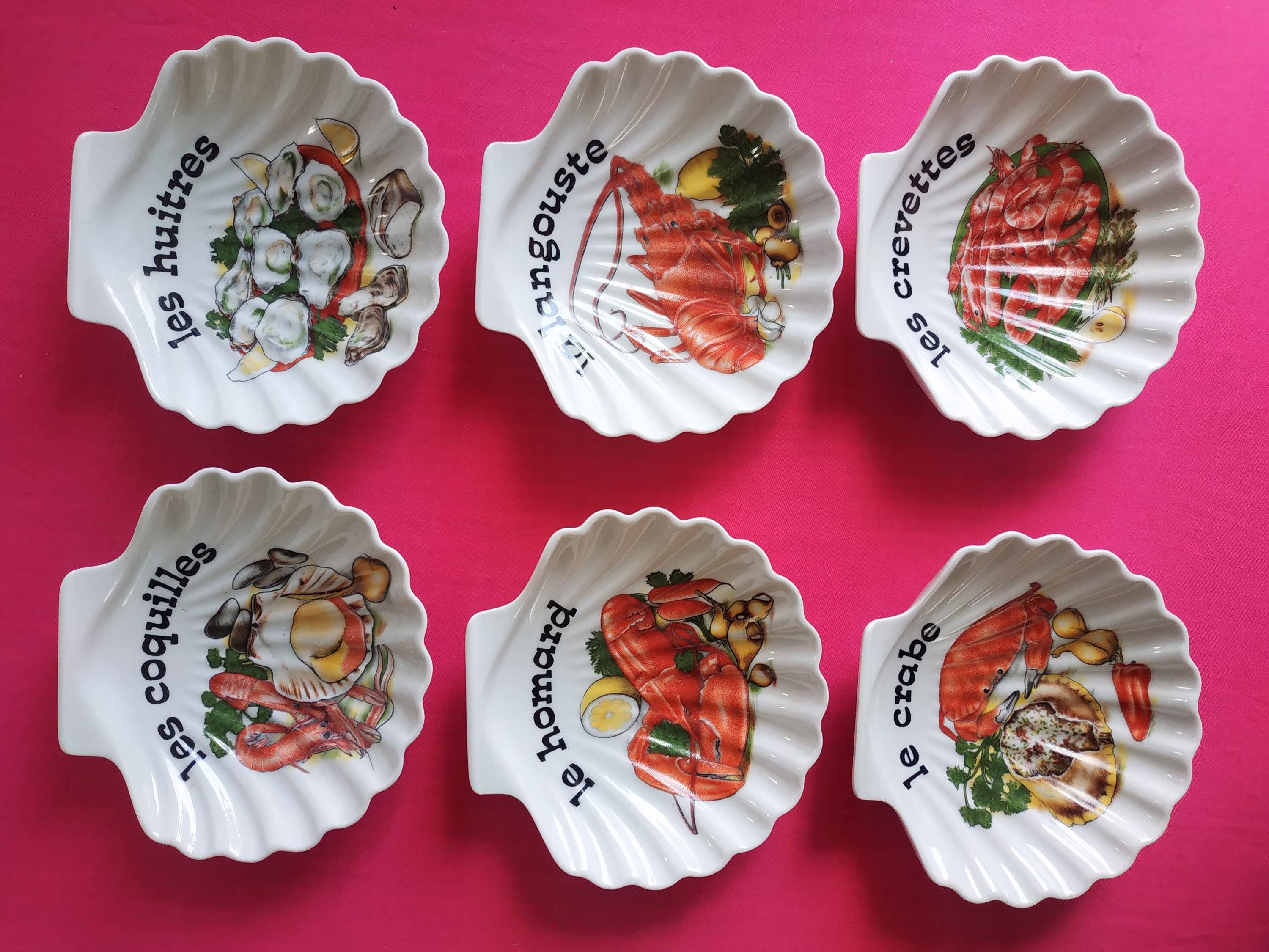 Set Of 6 Antique French White Porcelain Seafood Plates, Never Used. Hirondel Made in France/Shell Shaped Bowls