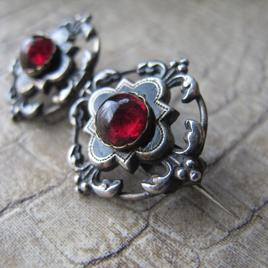 Victorian Silver & Garnet, Enamel Brooch Pin, 1800's Antique Converted Jewelry. Small Carbuncle Garnet Buttons, Components, Pin
