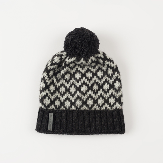 Handmade Wool Beanie in Black With Pompom & White Diamonds, Hand Knitted Pure Winter Cap, Vintage Unisex Bobble Cap