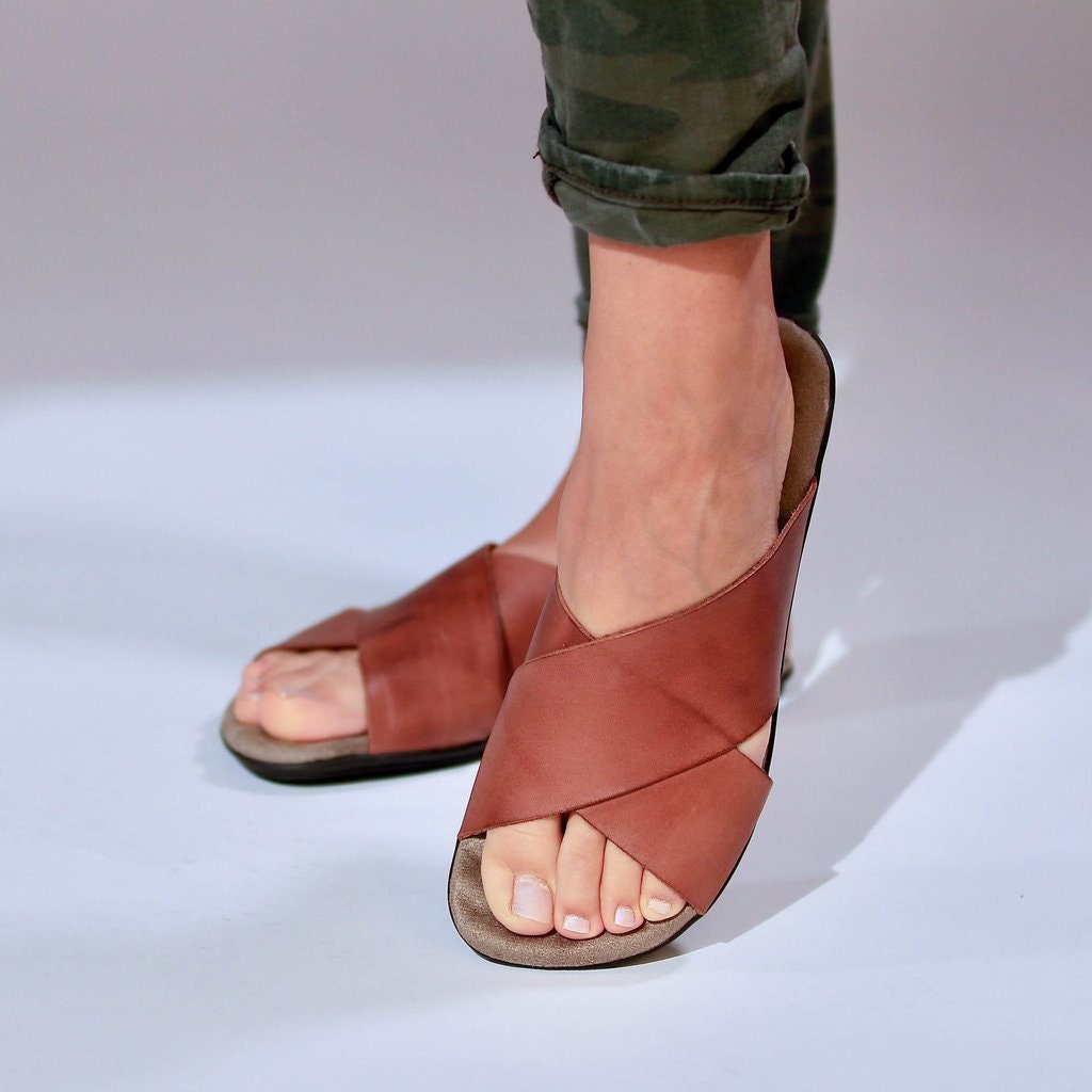 Tina Brown Sandals, Leather Sandals Women, Criss Cross Sandals, Bohemian Slip On Etsy Flat Sandals Women