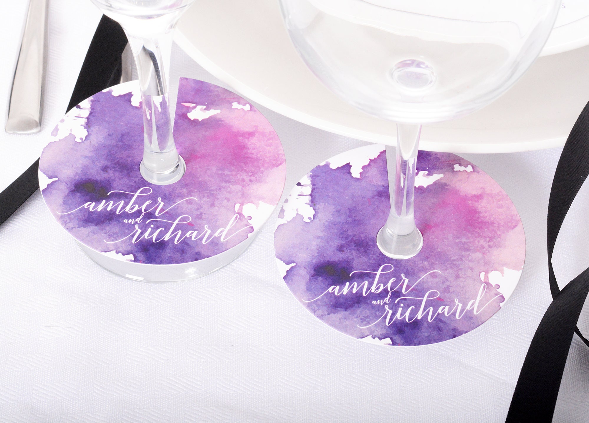 Wedding Wine Glass Tags - Champagne Tag Watercolor Wineglass Personalized Stem Circles Wdim-254