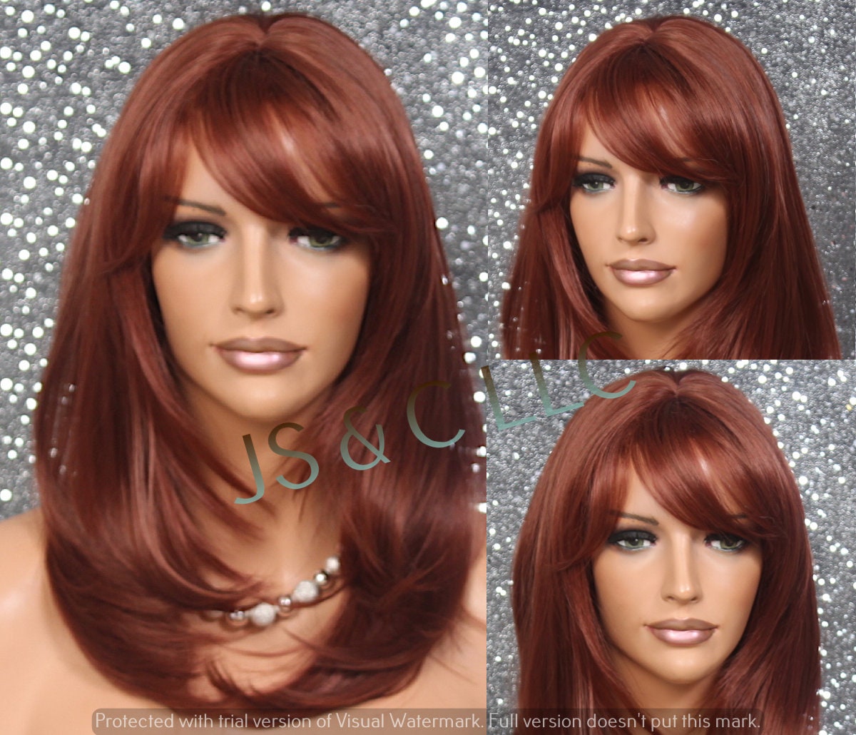 Human Hair Blend Wig Heat Ok Silky Straight Copper Red Center Part W. Bangs Razor Face Frame Cancer/Alopecia/Cosplay