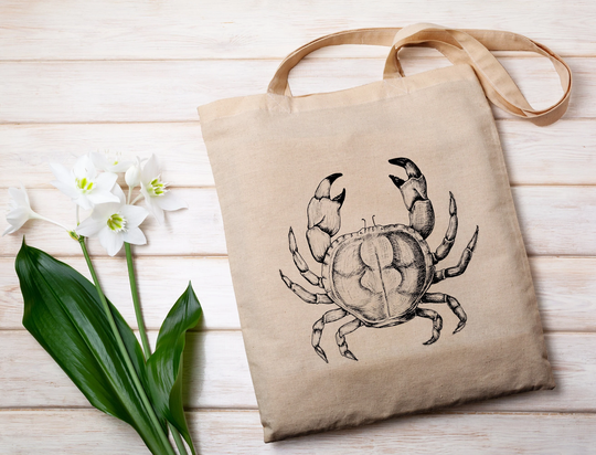 Crab Tote Bag, Stone Canvas Reusable Grocery Crustacean Gift, Sustainable Shoulder Beach Tote, Chef Gift