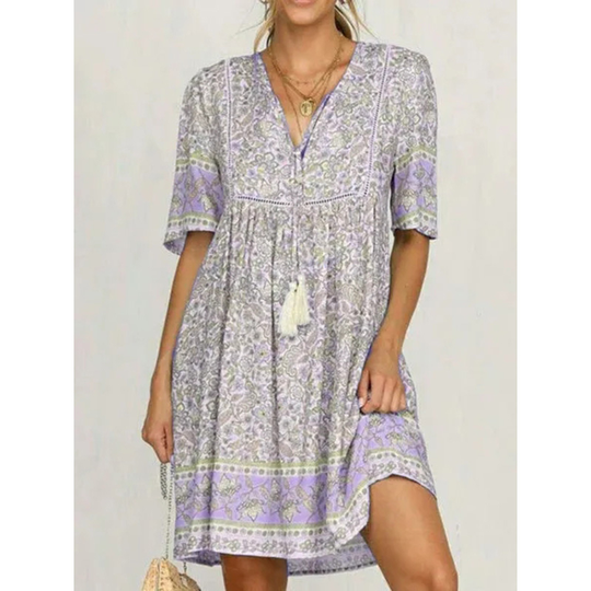 Light Blue Half Sleeve Cotton-Blend Dresses - Purple, Medium
