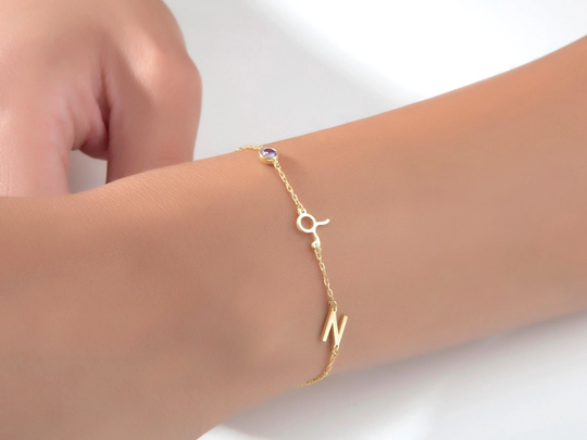14K Gold Initial Zodiac Sign Bracelets, Silver Letter Birthstone Bracelet, Jewelry, Custom Made Gifts For Mom, Valentine's Day