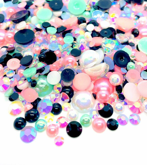 Taffy Blend Rhinestone Mix 2mm-10mm Flatback Jelly Resin | Faux Pearls Rhinestones Mixed Sizes, Green Pink Black
