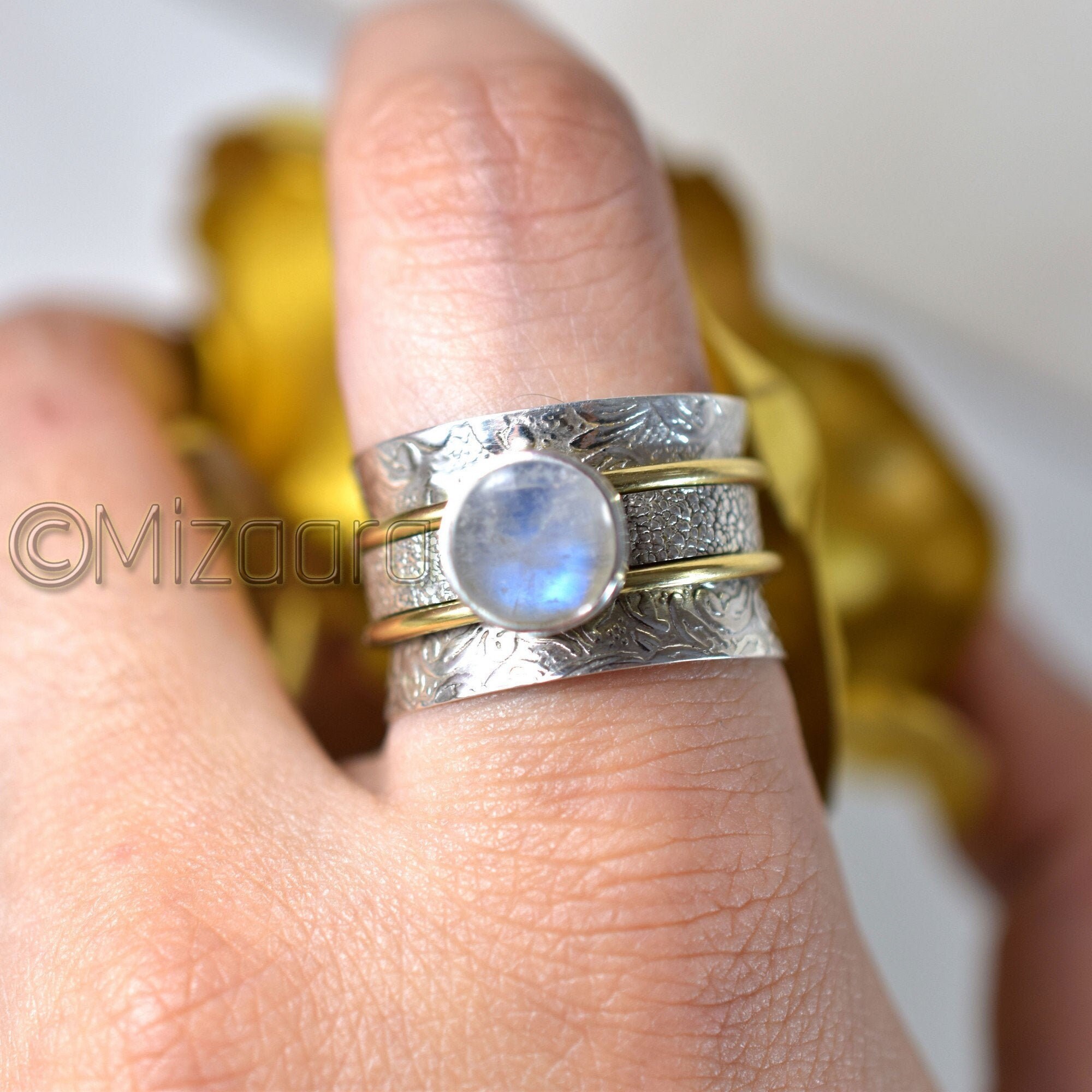 Rainbow Moonstone Anxiety Ring Meditation Spinning 925 Sterling Silver Handmade Two Tone Band Gift For Her Filigree
