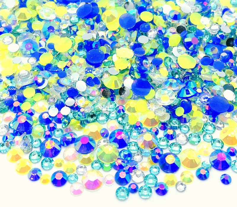 Blueberry Lemonade Blend Rhinestone Mix 3/4/5/6mm Flatback Jelly Resin Rhinestones Mixed Size, | Blue Yellow Clear